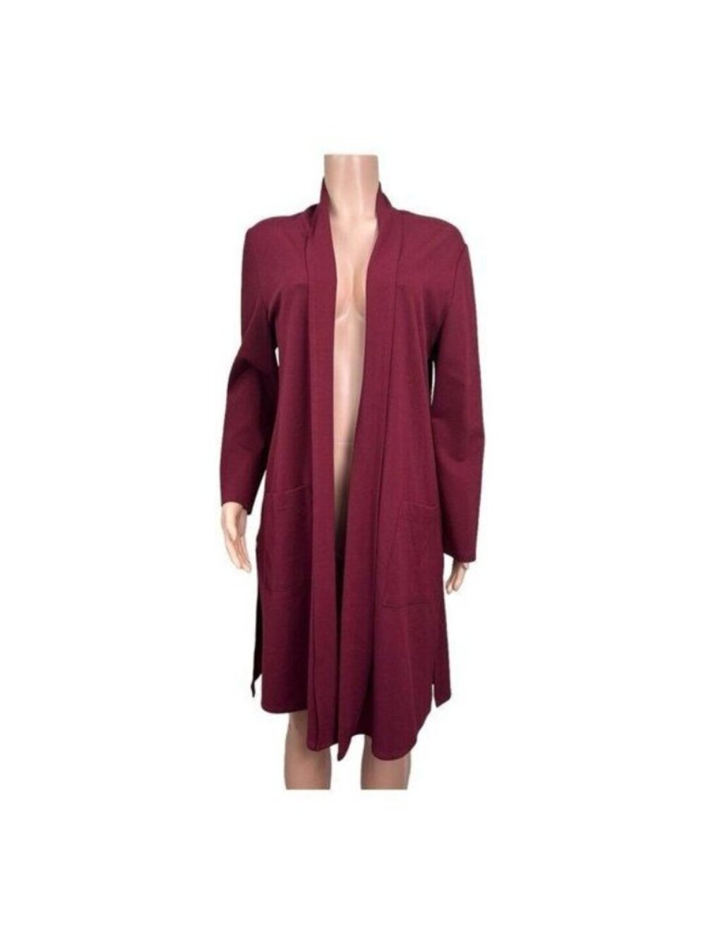 Slinky Brand Medium Ponte Knit Duster Cardigan Side Slits Burgundy Open Front